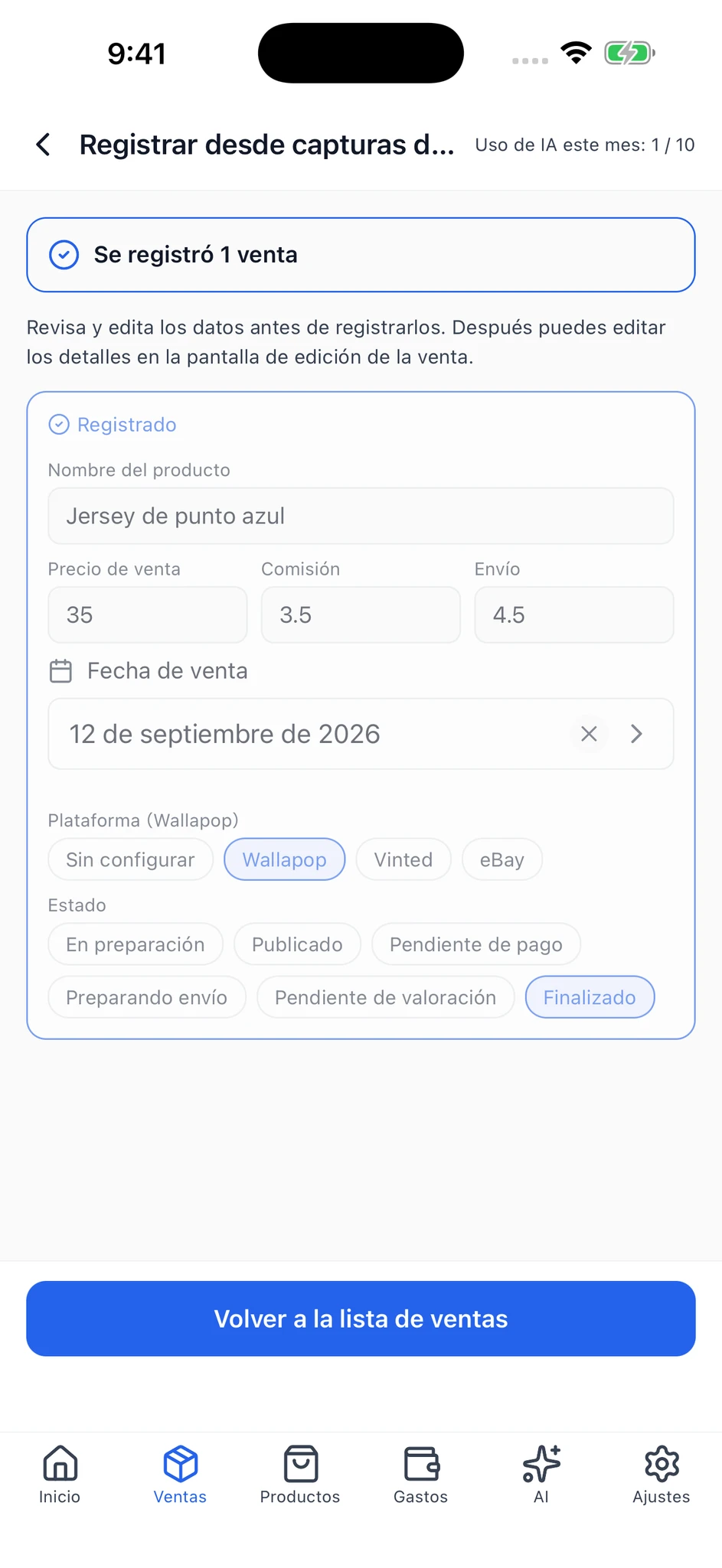 Pantalla de registro completado con una venta registrada y su estado «Registrado».