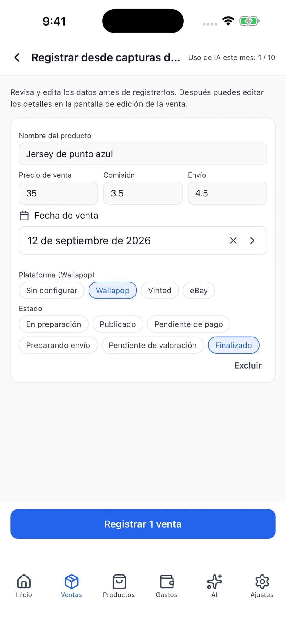 Pantalla de revisión con campos editables para el nombre del producto, el precio de venta, la comisión, el envío y otros datos.