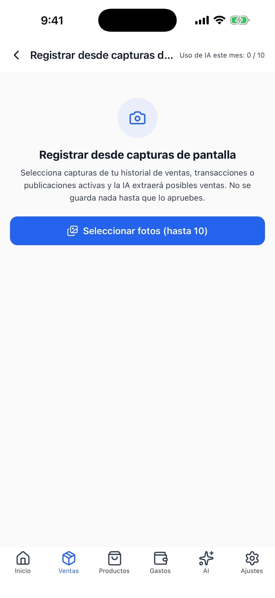 Pantalla inicial del registro desde capturas, con instrucciones y el botón para seleccionar fotos.