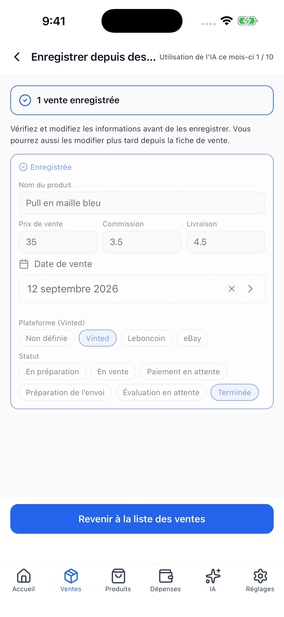 Écran de fin d’import affichant une vente enregistrée et son statut Enregistrée.
