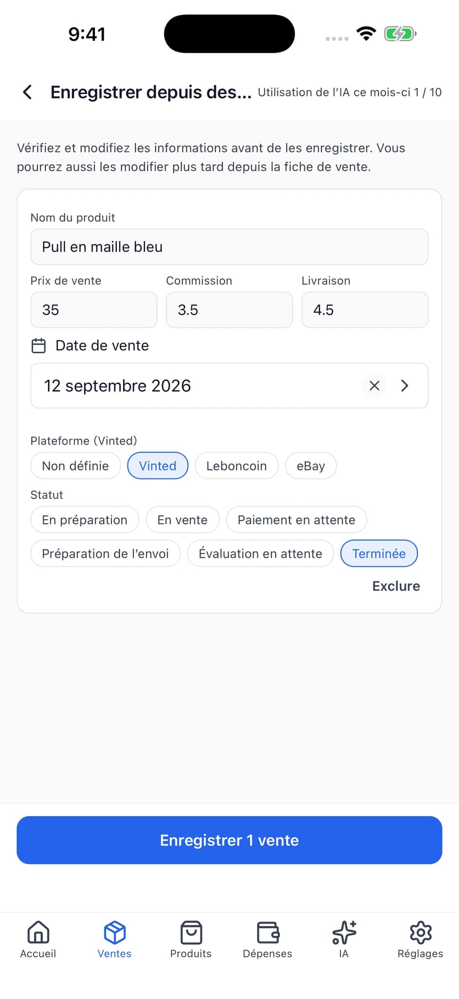 Écran de vérification avec des champs modifiables pour le nom de l’article, le prix de vente, la commission, les frais de livraison et d’autres informations.
