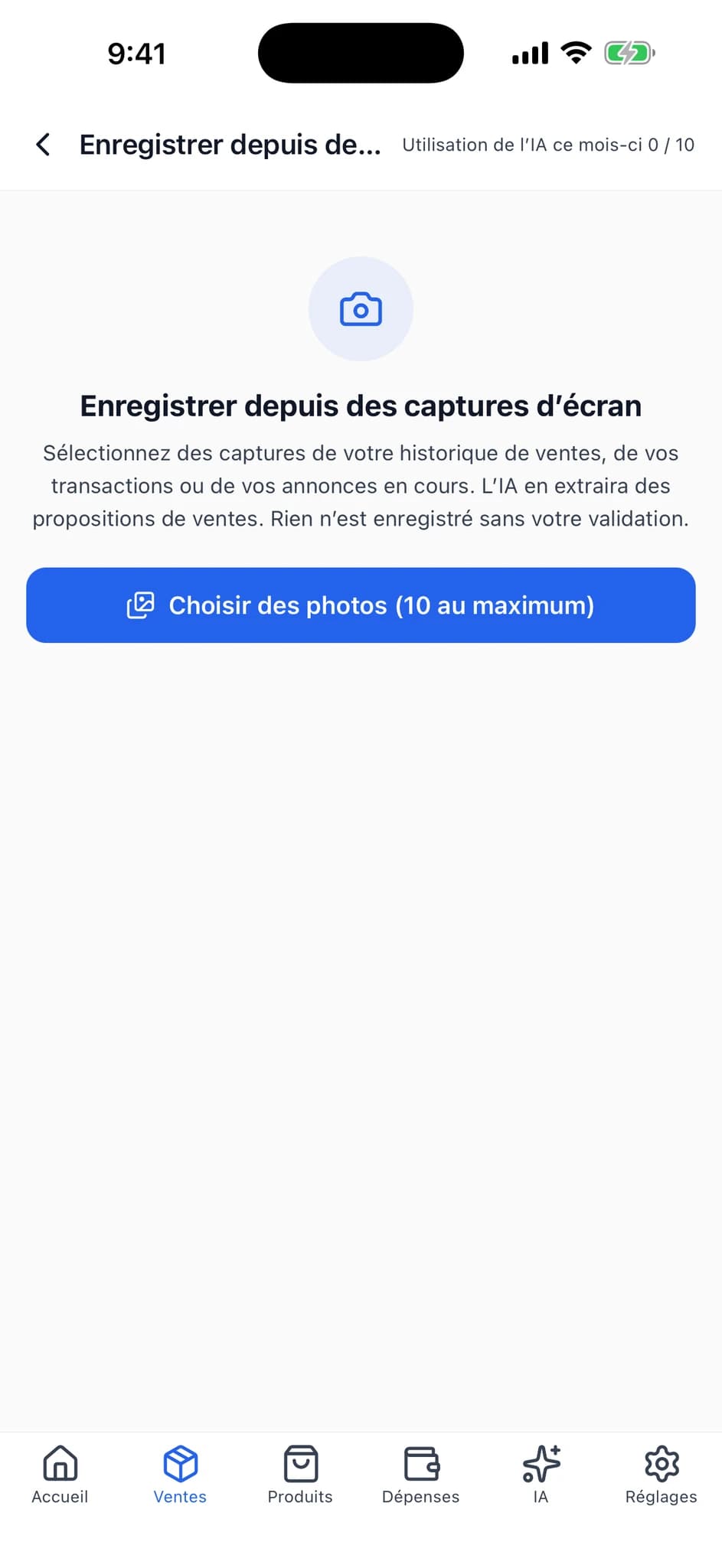 Écran de démarrage de l’import de captures d’écran, avec les instructions et le bouton de sélection des photos.
