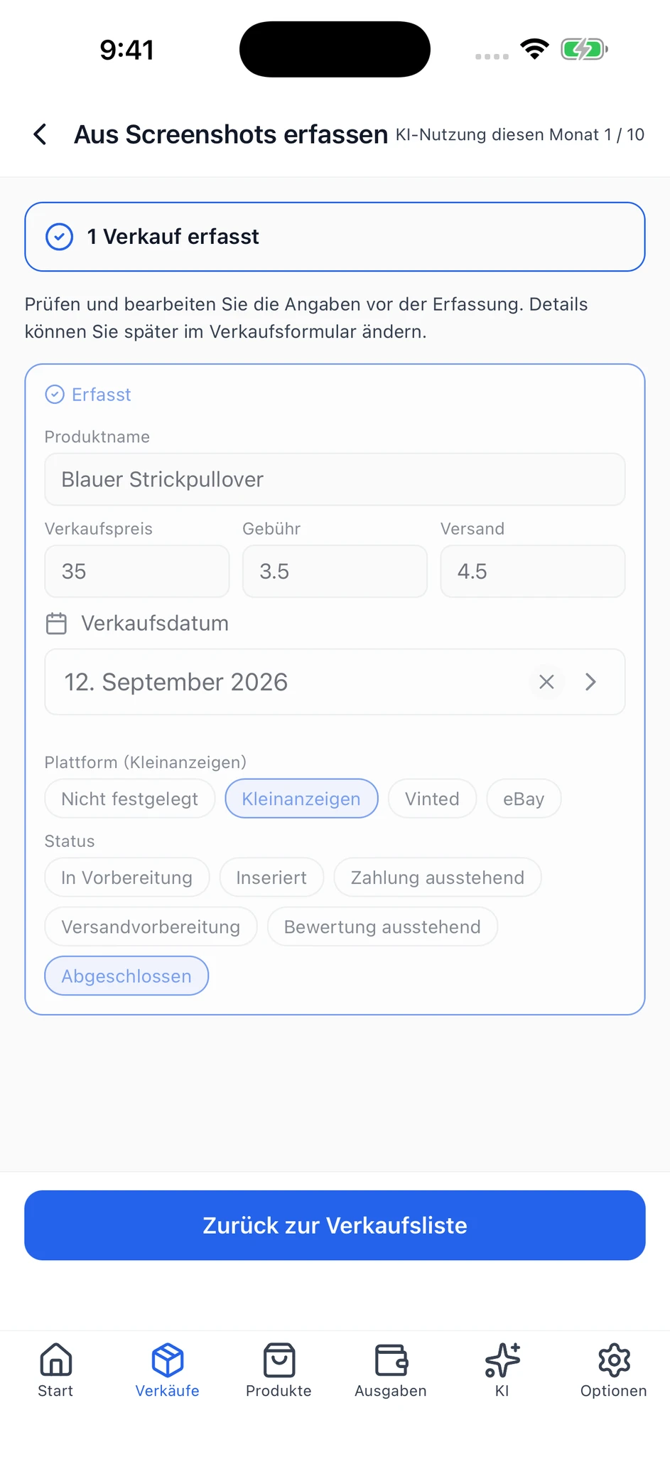 Abgeschlossener Import: Ein Verkauf wurde erfasst und ist als erfasst gekennzeichnet.