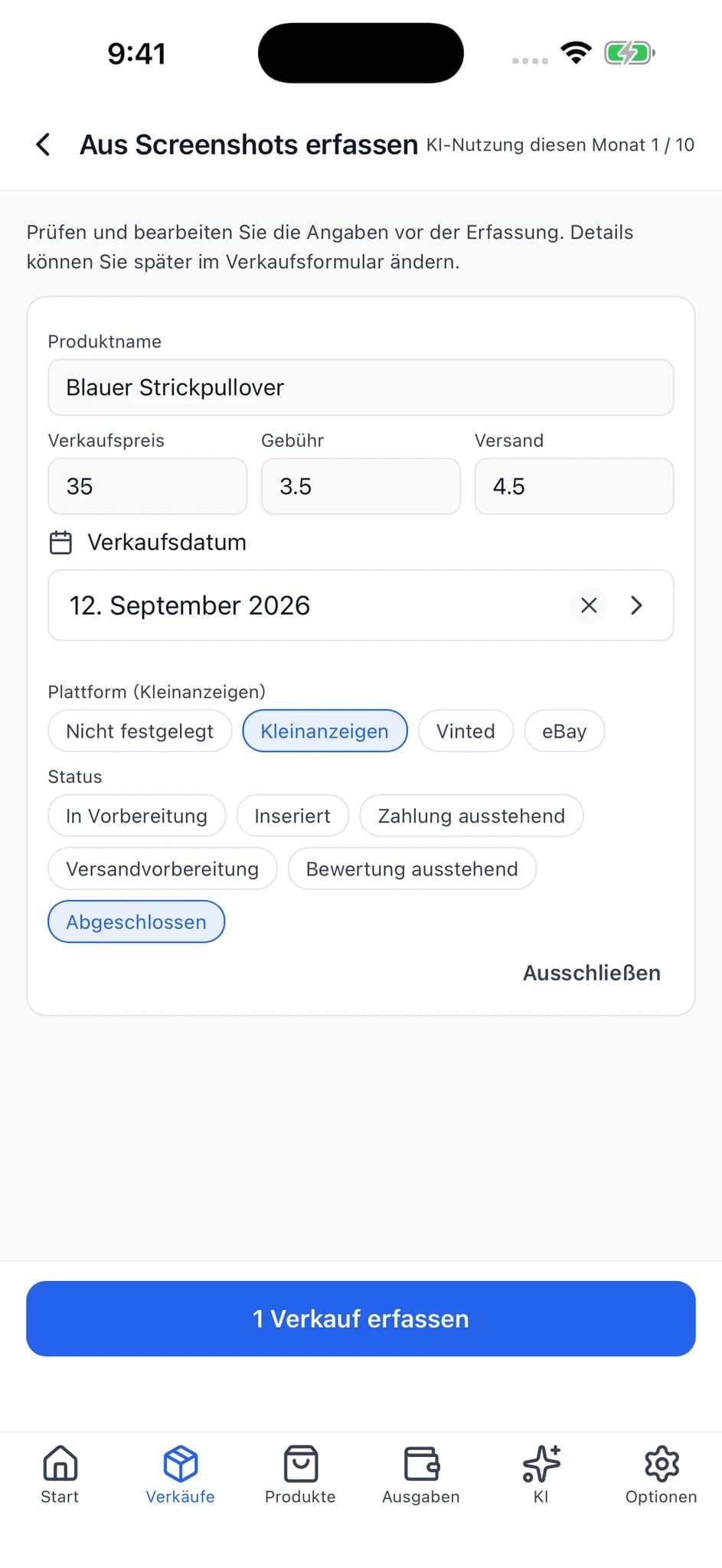 Prüfbildschirm mit bearbeitbaren Feldern für Produktname, Verkaufspreis, Gebühr, Versand und weitere Angaben.