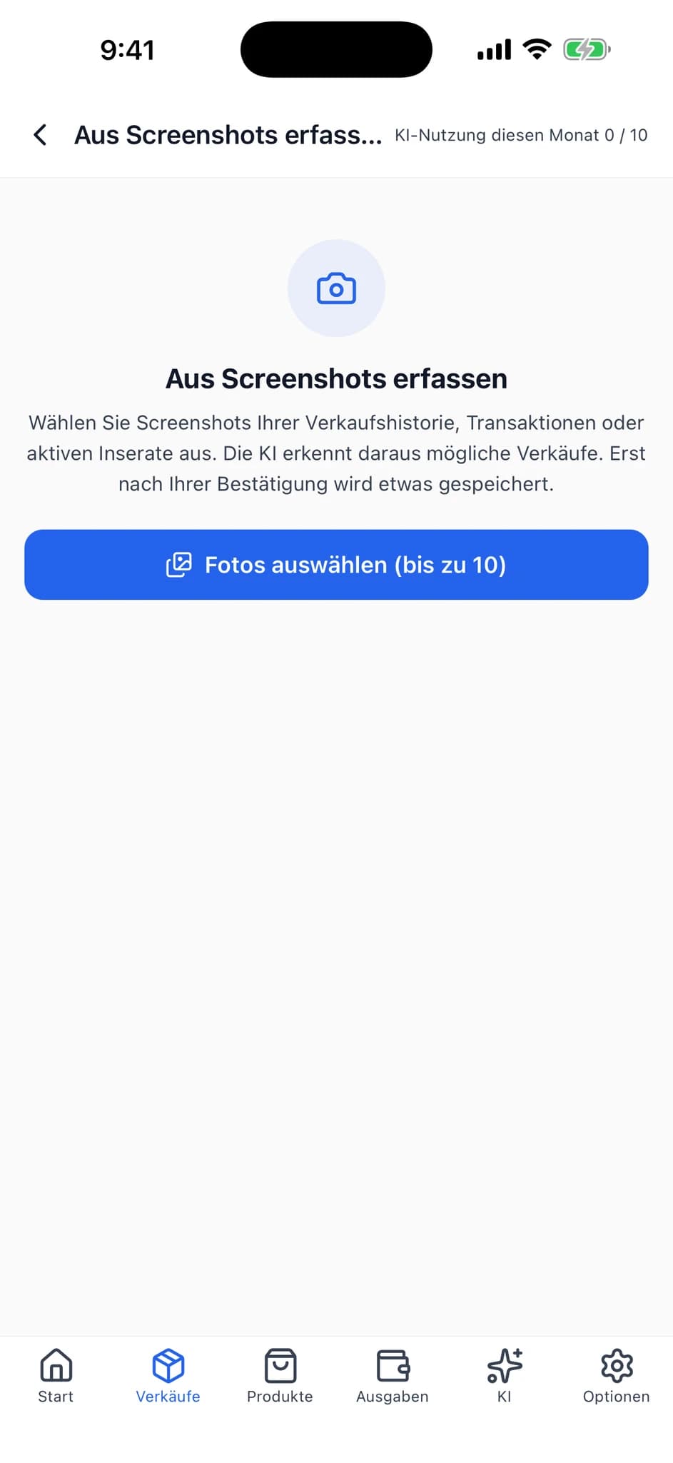Startbildschirm des Screenshot-Imports mit Anleitung und der Schaltfläche zur Fotoauswahl.
