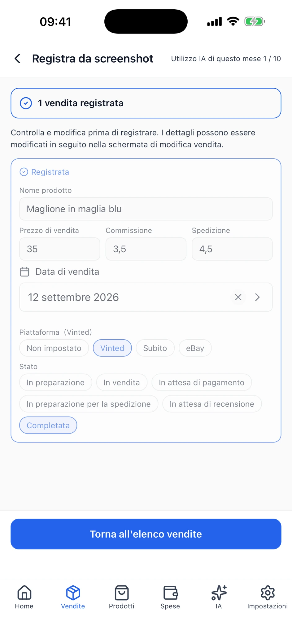 Schermata di importazione completata con una vendita registrata e il suo stato.