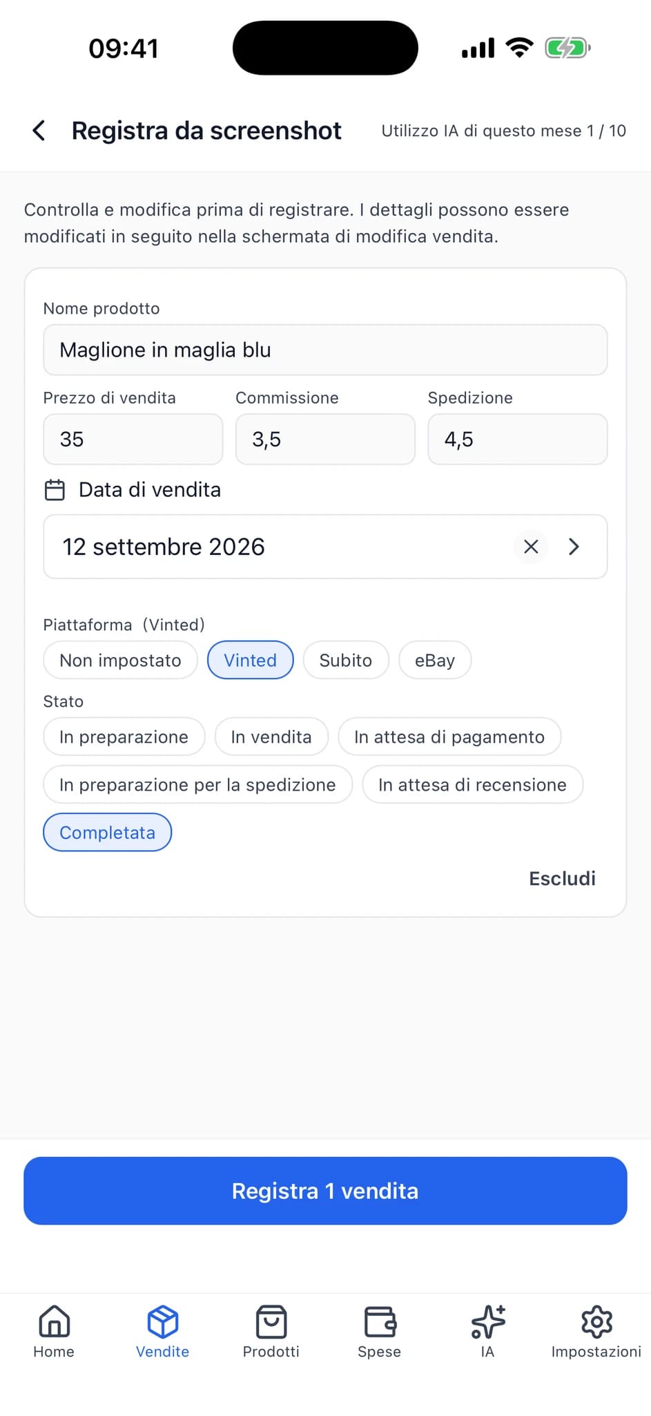 Schermata di revisione con nome articolo, prezzo di vendita, commissione, spedizione e altri dettagli modificabili.