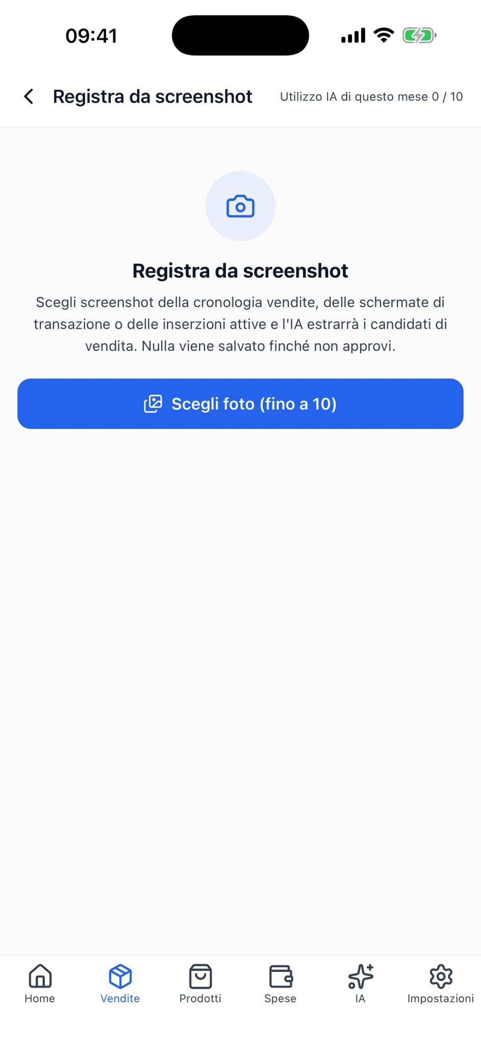 Schermata iniziale dell'importazione da screenshot con istruzioni e pulsante di selezione foto.