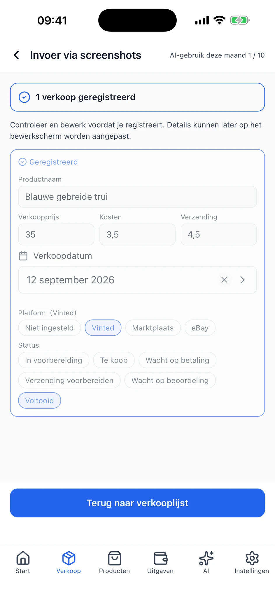 Voltooid importscherm met één geregistreerde verkoop en de registratiestatus.