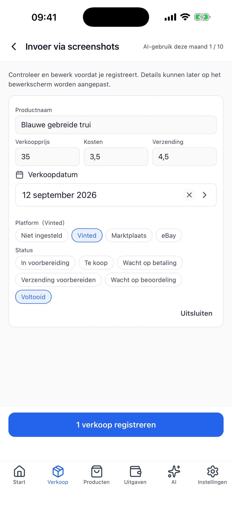 Controlescherm met bewerkbare velden voor artikelnaam, verkoopprijs, kosten, verzending en meer.