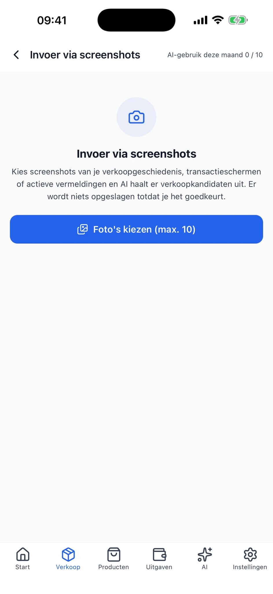 Startscherm van screenshot-import met instructies en de knop om foto's te selecteren.