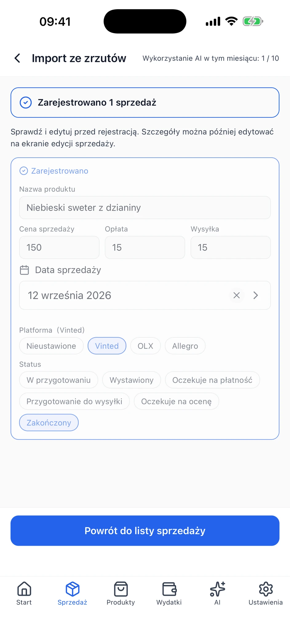 Ekran zakończonego importu pokazujący jedną zarejestrowaną sprzedaż i jej status.