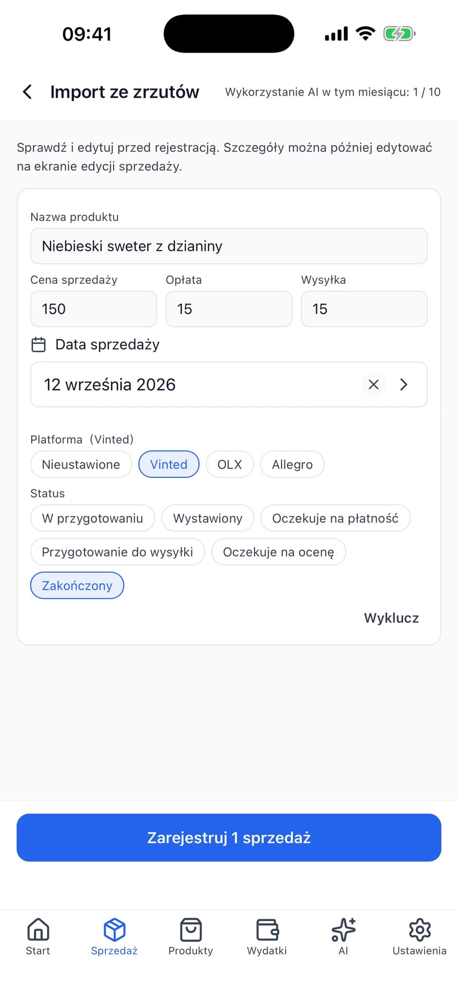 Ekran przeglądu z edytowalną nazwą przedmiotu, ceną sprzedaży, opłatą, wysyłką i innymi szczegółami.