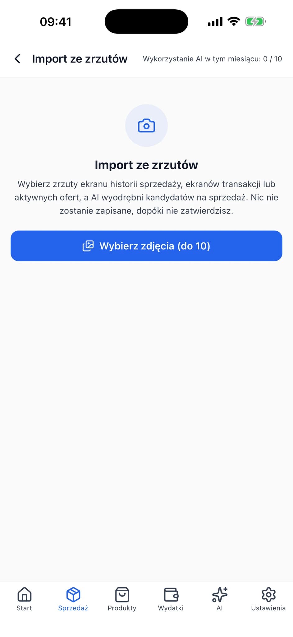 Ekran początkowy importu ze zrzutu ekranu z instrukcjami i przyciskiem wyboru zdjęcia.