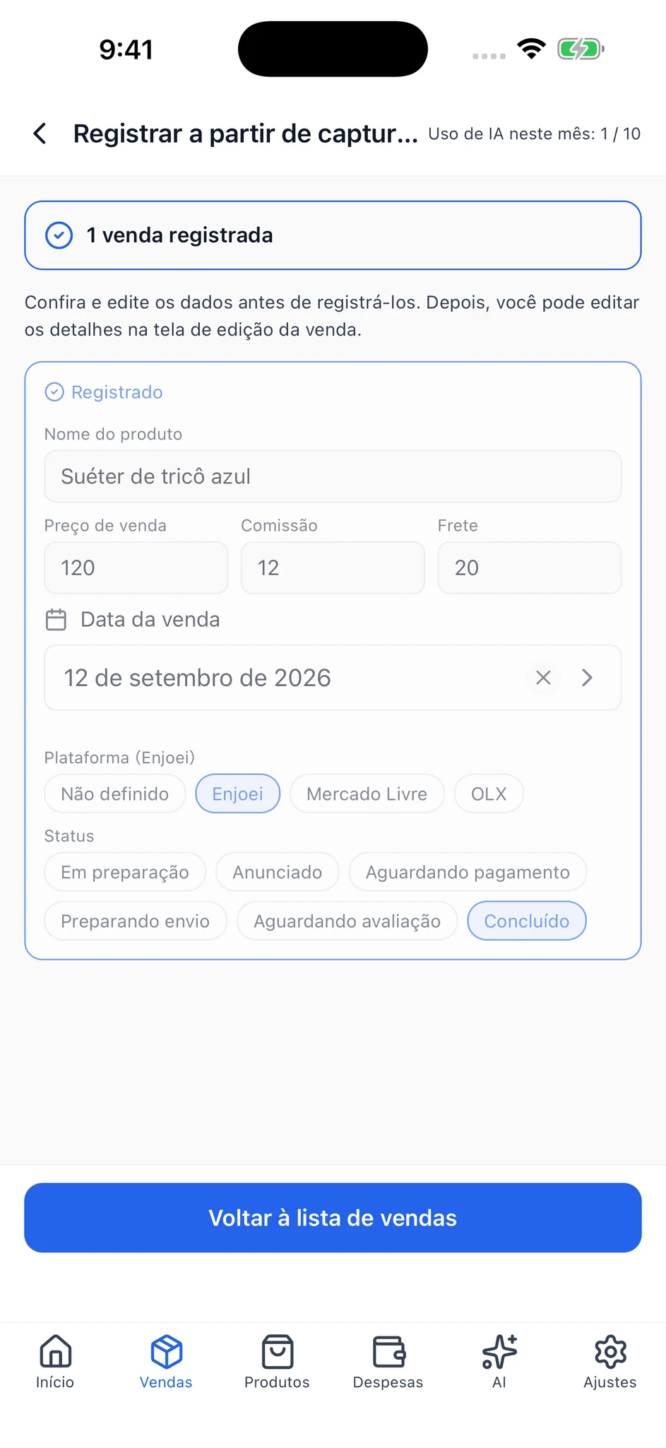 Tela de registro concluído, com uma venda registrada e o status “Registrado”.