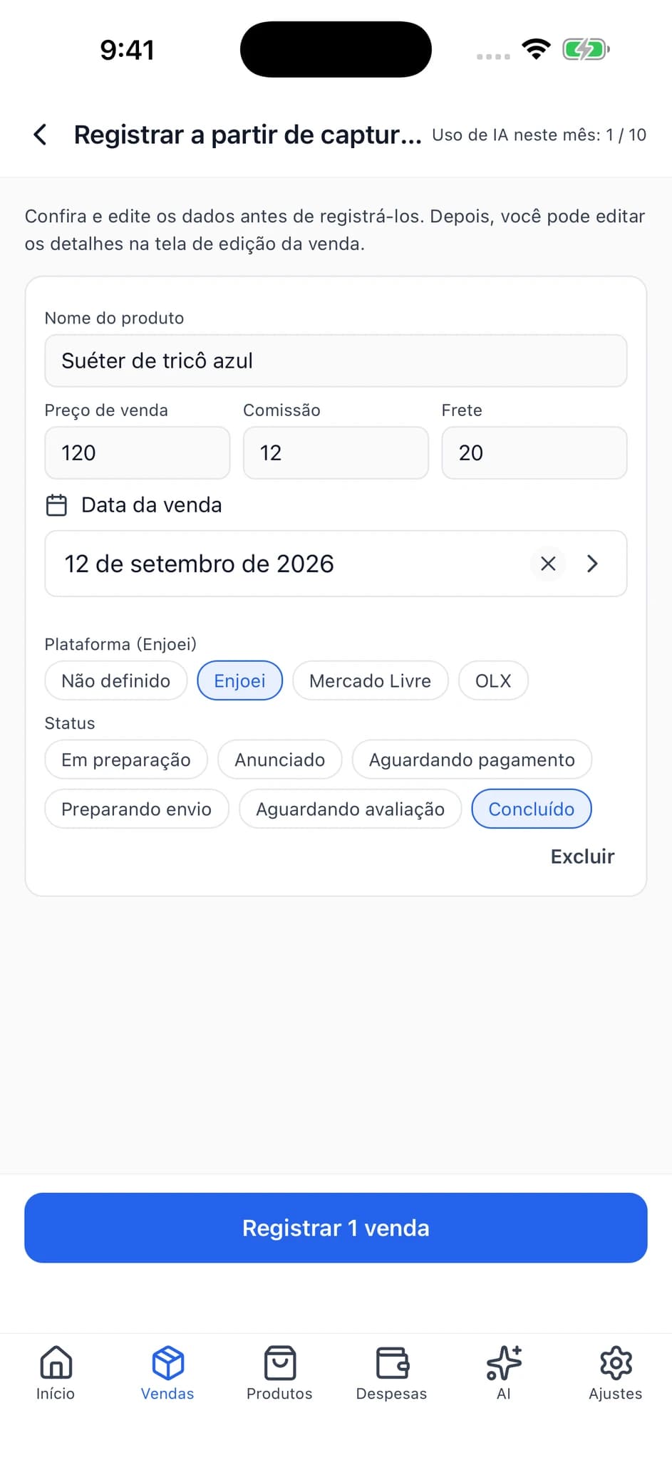 Tela de revisão com campos editáveis de nome do produto, preço de venda, comissão, frete e outros dados.