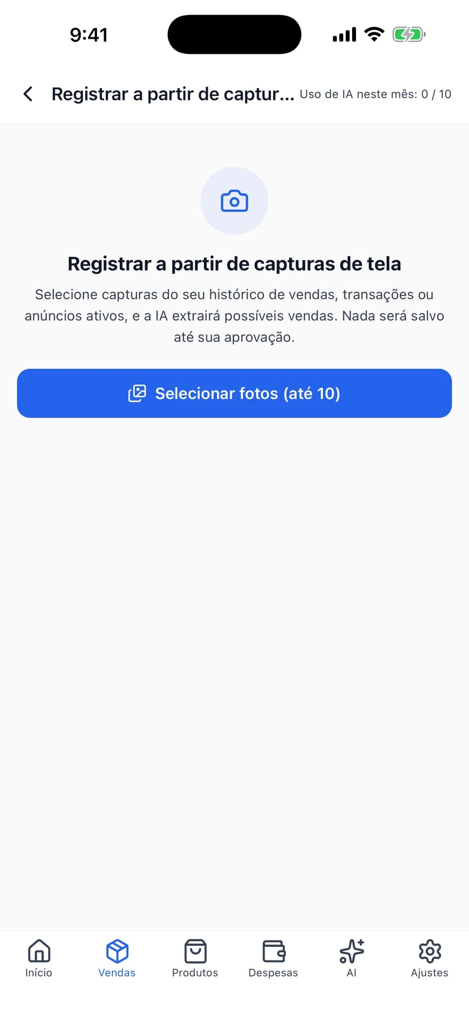 Primeira tela do registro por captura de tela, com instruções e o botão “Selecionar fotos”.