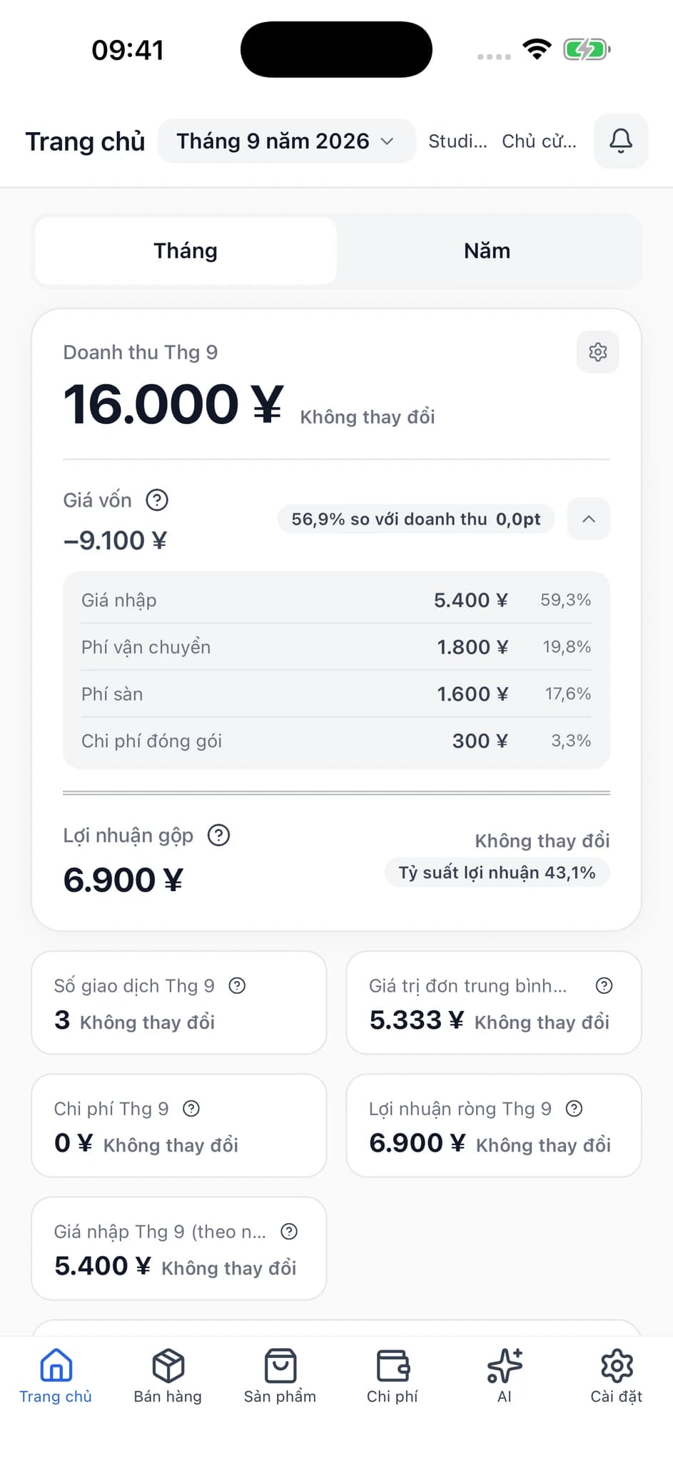Màn hình trang chủ thực tế của SellerBook 2, hiển thị doanh thu, chi tiết chi phí và tổng lợi nhuận.