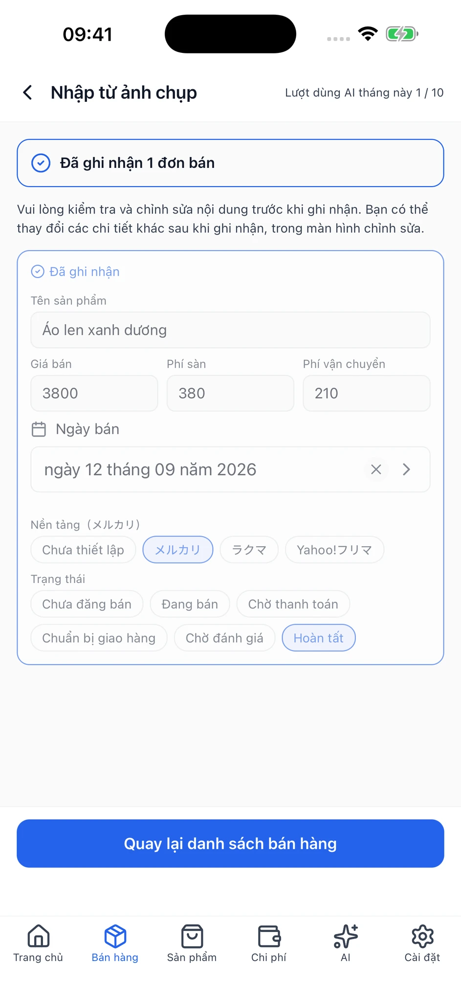 Màn hình hoàn tất đăng ký, hiển thị 1 đơn đã đăng ký và trạng thái đăng ký.