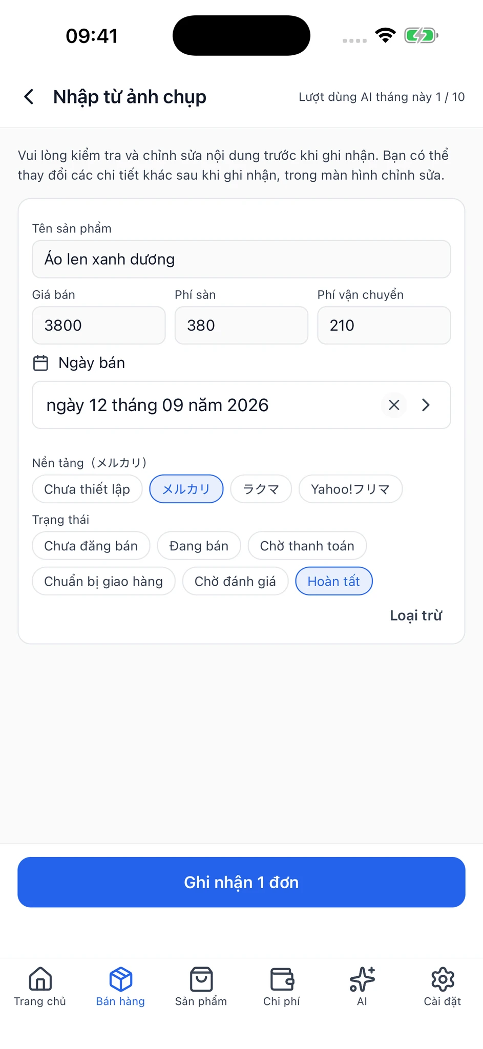 Màn hình kiểm tra kết quả đọc, với các ô nhập liệu có thể chỉnh sửa cho tên sản phẩm, giá bán, phí sàn, phí vận chuyển và nhiều mục khác.