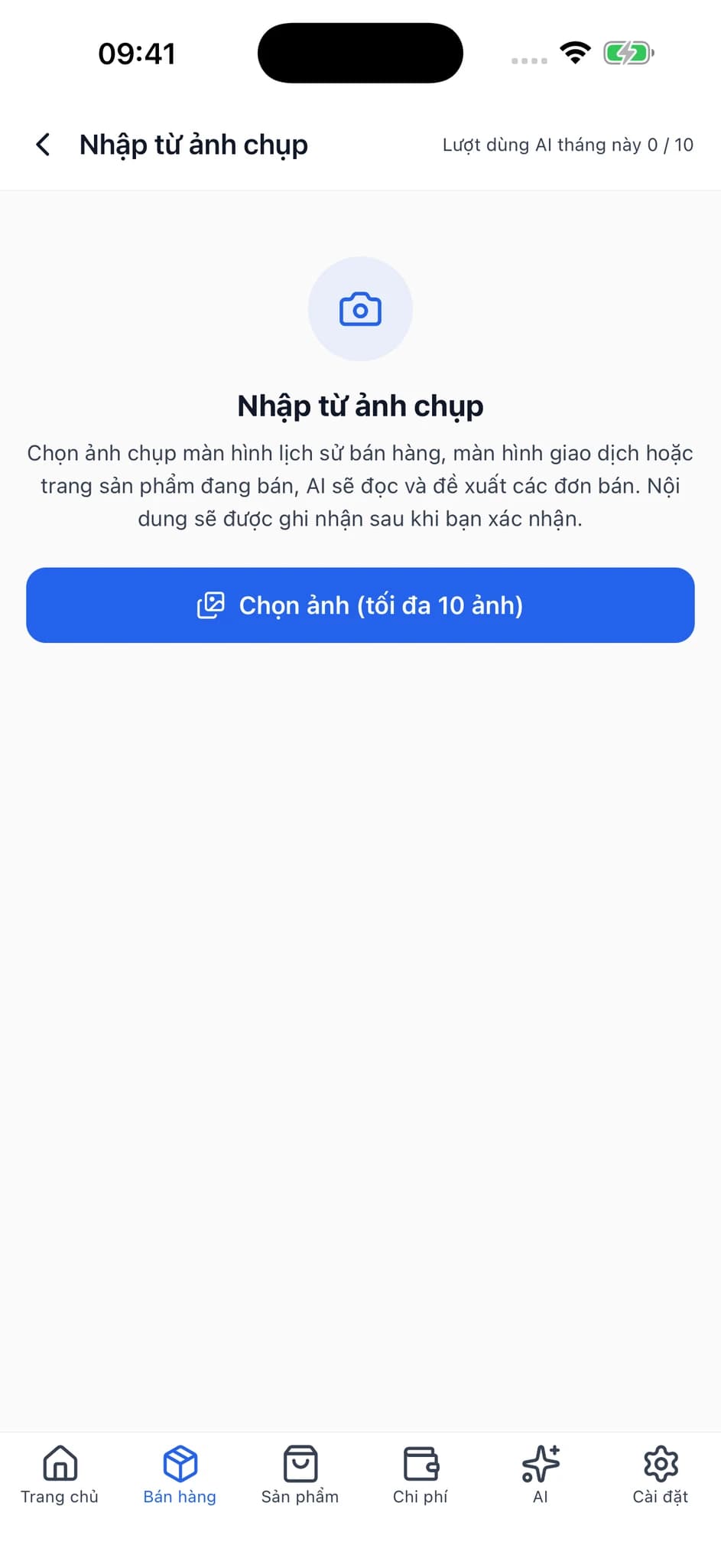 Màn hình bắt đầu đăng ký doanh thu từ ảnh chụp màn hình, có hướng dẫn và nút chọn ảnh.